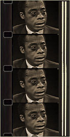 Image of 16mm film piece, showing four frames of Baldwin speaking.